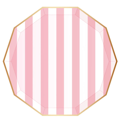 Pink Cabana Striped Paper Plates | Gold Trim | 10.75 Inch | Package 8