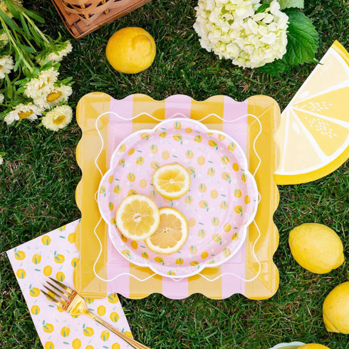Pink Lemons Paper Plates | 8 Inch Round Scallop Edge | Package 8