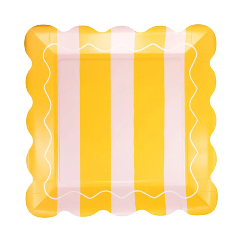 Pink & Yellow Lemonade Striped Paper Plates | Scallop Square | 10 Inch | Package 8