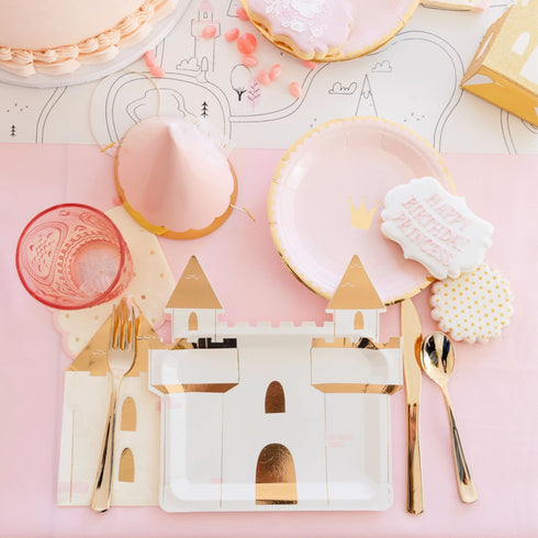 Princess Castle Paper Plates | Package 8 | White Gold & Pink