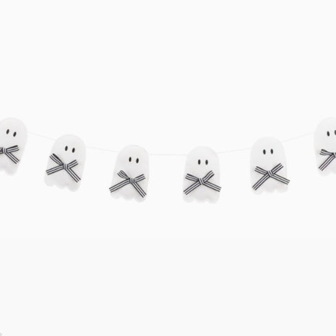 White Ghost With Bows Puffy Felt Hanging Garland | White & Black Stripe Bows