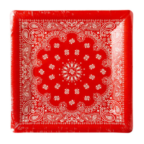 Red Bandana Print Square Paper Party Plates | Package 8