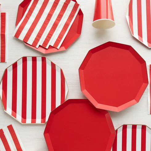 Red Cabana Striped Paper Plates | Gold Trim | 10.75 Inch | Package 8
