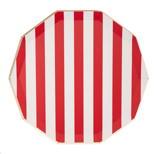 Red Cabana Striped Paper Plates | Gold Trim | 10.75 Inch | Package 8