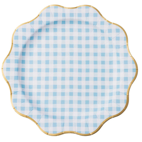 Sky Blue Gingham Scalloped Paper Plates | 11 Inch | Package 8