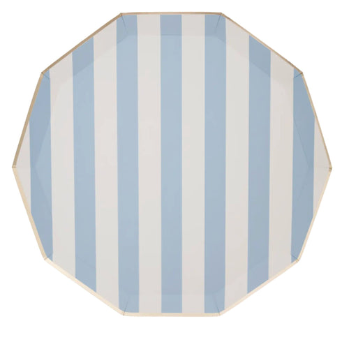 Sky Light Blue Striped Cabana Paper Plates | Gold Trim | 10.75 Inch | Package 8