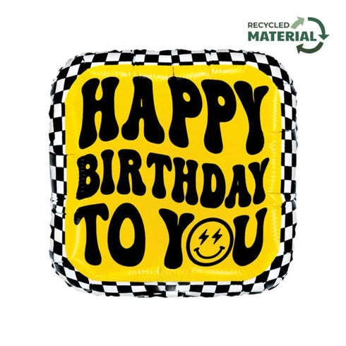 Yellow Smiley Face Checkered Birthday Foil Balloons | 18 INCH Square
