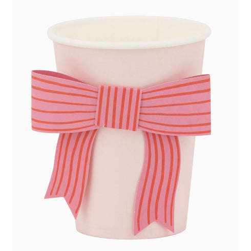 Pink Striped Bow Paper Cups | 12 Oz | Package 8