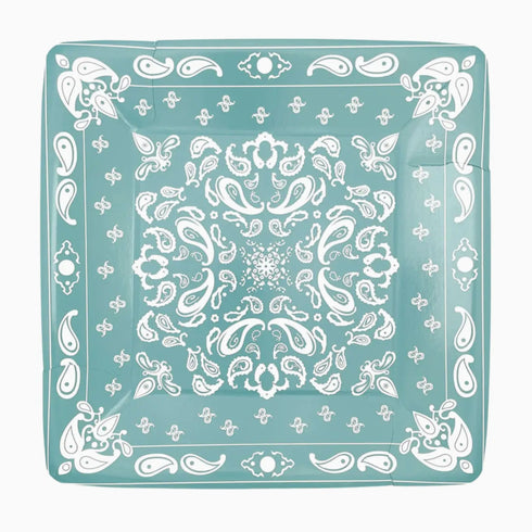 Turquoise Bandana Print Square Paper Party Dinner Plates | Package 8