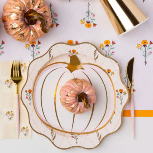 White & Gold Pumpkin Shaped Paper Party Plates | Package 8