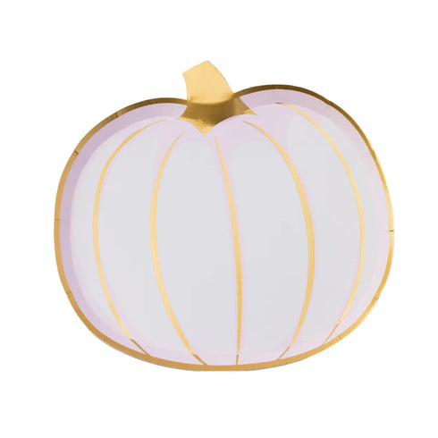 White & Gold Pumpkin Shaped Paper Party Plates | Package 8