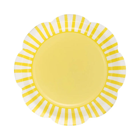Yellow & White Striped Paper Plates | Scallop Round | 9 Inch | Package 8