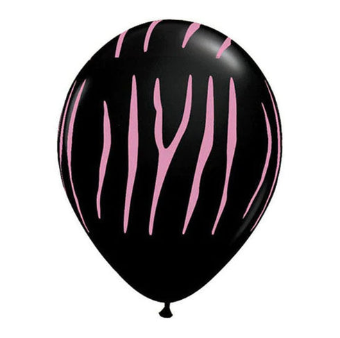 Black With Pink Zebra Stripes Printed Latex Balloons | Set 6