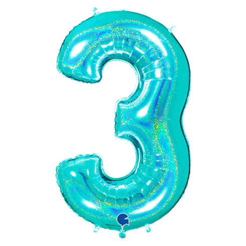 Glitter Teal Blue Number 3 Balloons | 40 INCH