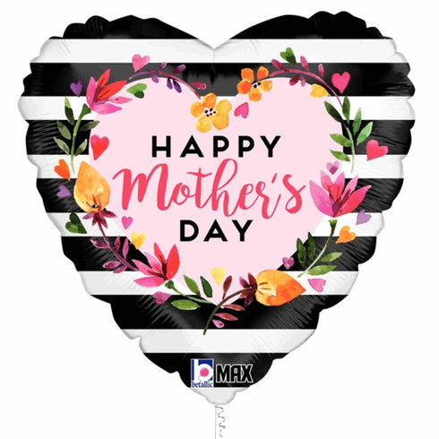 Happy Mother's Day Balloons | Striped Watercolor Flowers | 18 INCH Heart