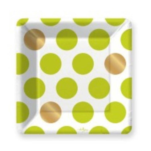 Lime Green and Gold Polka Dot Paper Plates | Dessert | Package 8