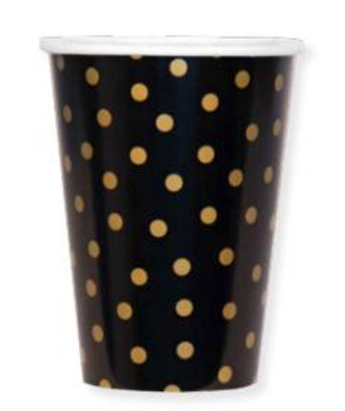 Celebrate Paper Party Cups | Black and Gold Polka Dots