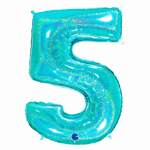 Glitter Teal Blue Number 5 Balloons | 40 INCH