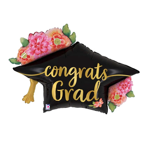 Pretty Flower Graduation Cap Foil Balloons | Congrats Grad | 31 Inch