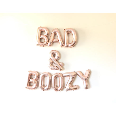 BAD & BOOZY Letter Balloon Banner l Silver l Gold l Rose Gold l Pink l Blue