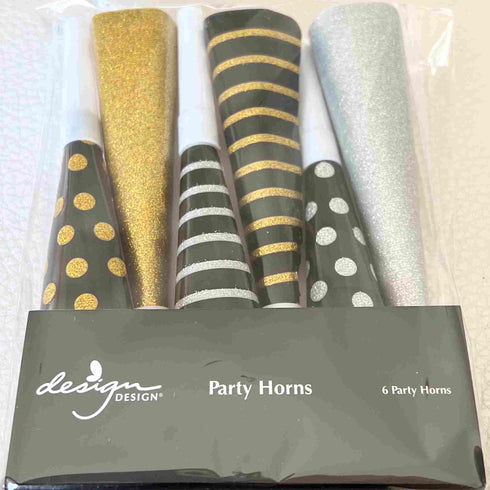 Glitter Party Horns | Black Gold and Silver | Package 6