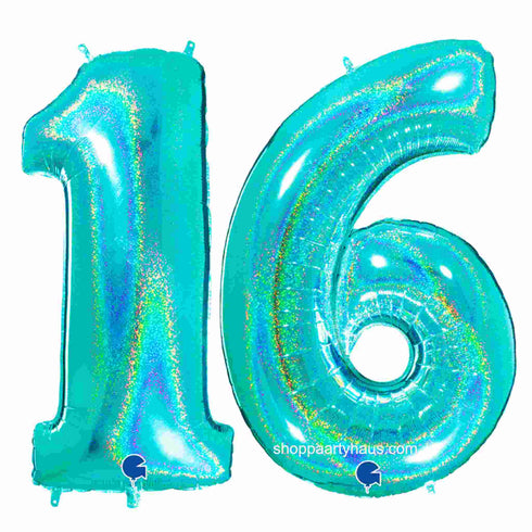 Glitter Teal Blue Number 16 Balloons | 40 INCH