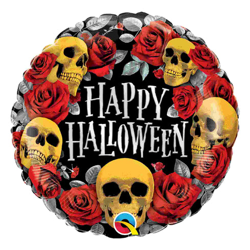 Happy Halloween Gold Skull and Roses Foil Balloon | 18 INCH