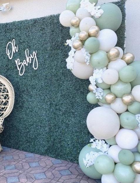 Organic Latex Balloon Garland in Eucalyptus, Sand White and Gold Chrome