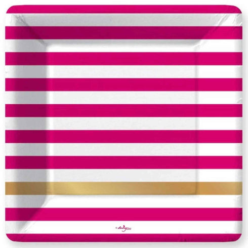 Magenta Pink and Gold Striped Paper Plates | Dinner | Package 8