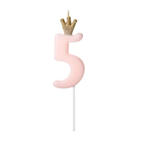 Pink Party Cake Candles with Gold Crown | Number 5