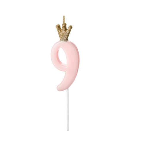 Pink Party Cake Candles with Gold Crown | Number 9