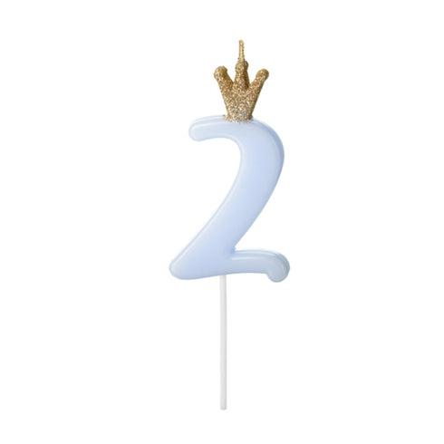 Pastel Blue Party Cake Candles with Gold Crown | Number 2