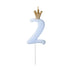 Pastel Blue Party Cake Candles with Gold Crown | Number 2