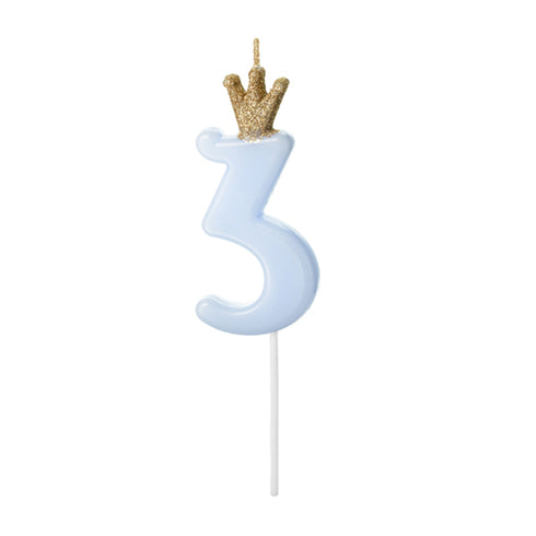 Pastel Blue Party Cake Candles with Gold Crown | Number 3