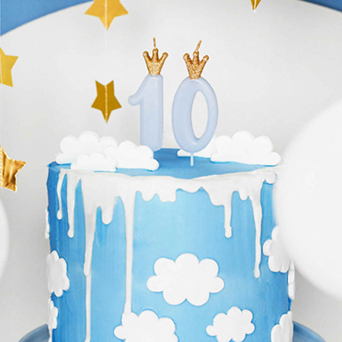 Pastel Blue Party Cake Candles with Gold Crown | Number 1