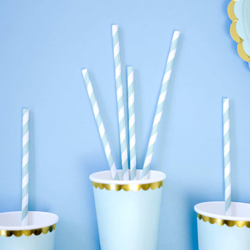 Pastel Blue and White Striped Paper Party Straws | Set 10