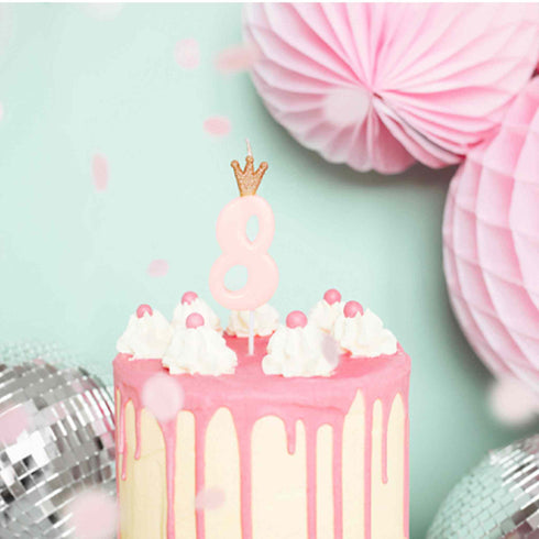 Pink Party Cake Candles with Gold Crown | Number 8