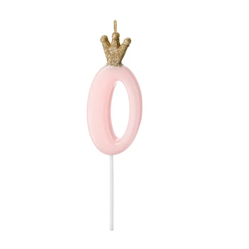 Pink Party Cake Candles with Gold Crown | Number 0