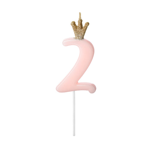 Pink Party Cake Candles with Gold Crown | Number 2