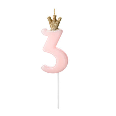 Pink Party Cake Candles with Gold Crown | Number 3