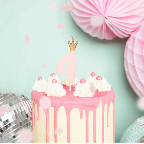 Pink Party Cake Candles with Gold Crown | Number 4