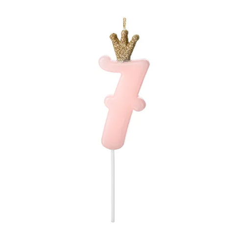 Pink Party Cake Candles with Gold Crown | Number 7