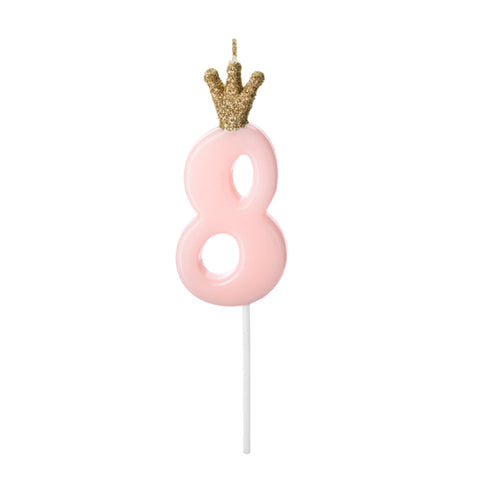 Pink Party Cake Candles with Gold Crown | Number 8