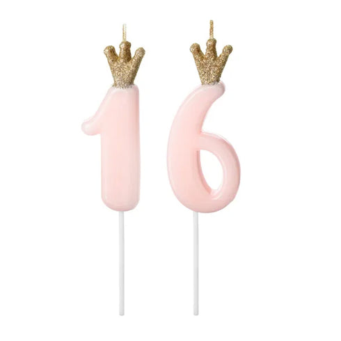 Pink Party Cake Candles with Gold Crown | Number 16