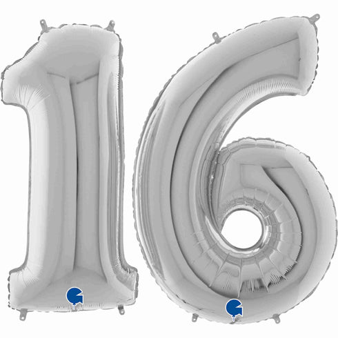 Silver Number 16 Balloons | 40 INCH