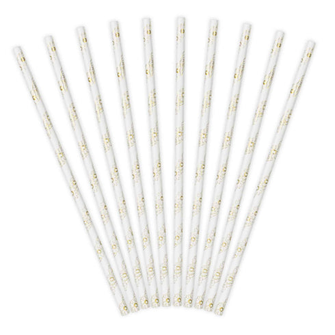 White and Gold Daisy Flower Paper Straws | Set 10