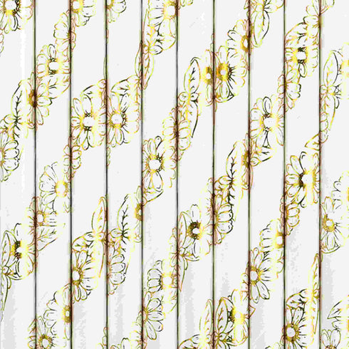 White and Gold Daisy Flower Paper Straws | Set 10