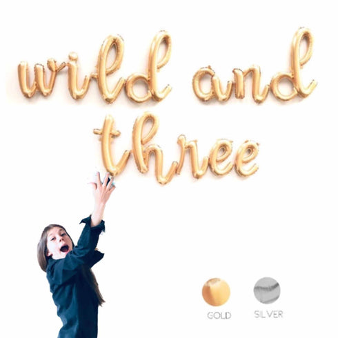 WILD AND THREE Cursive Letter Balloon Banner | Silver | Rose Gold | Gold