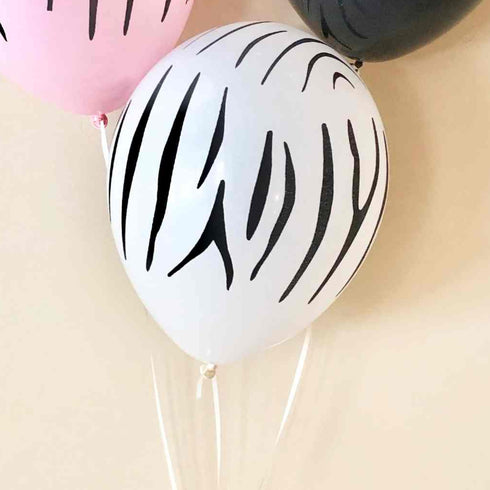 Pink and Black Zebra Stripes Animal Print Latex Balloons | Set 6